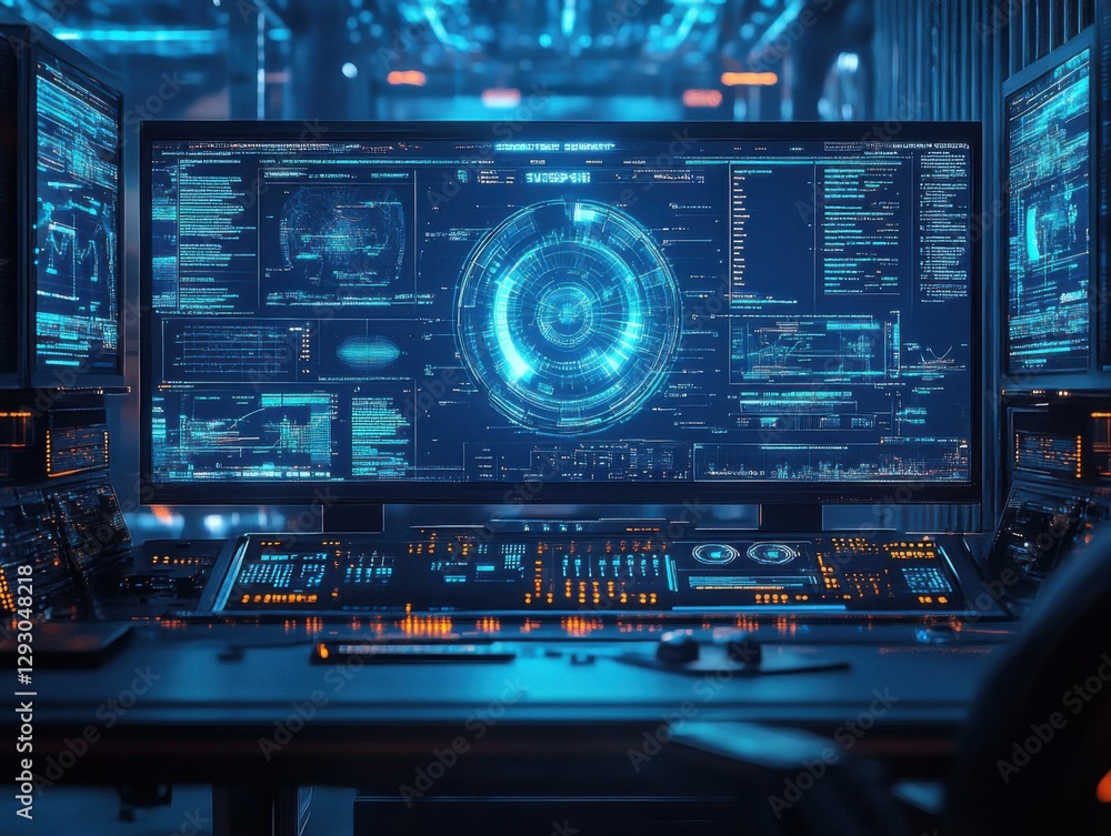 Holographic Command Center Displaying Real-Time Cybersecurity and AI Data Holographic Command Center Displaying Real-Time Cybersecurity and AI Data