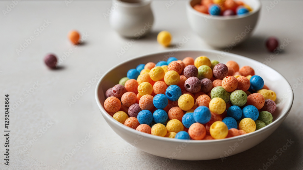 bowl of colorful cereal balls in vibrant hues, creating playful and inviting scene. bright colors and round shapes evoke sense of fun and joy bowl of colorful cereal balls in vibrant hues, creating playful and inviting scene. bright colors and round shapes evoke sense of fun and joy
