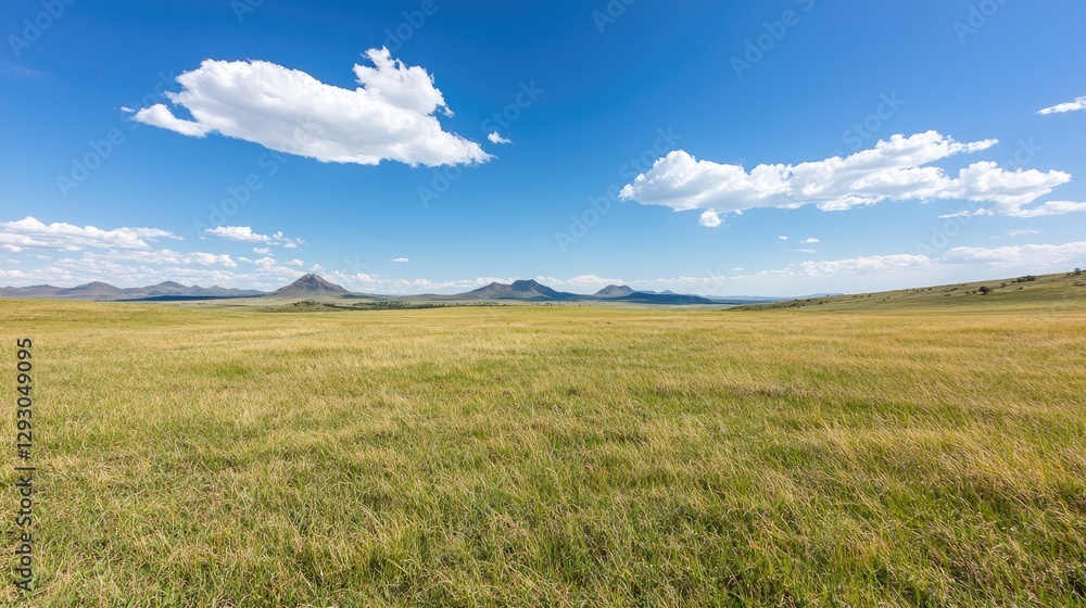Vast grassy plains stretching to distant mountains under a vibrant blue sky. Scenic landscape image Vast grassy plains stretching to distant mountains under a vibrant blue sky. Scenic landscape image