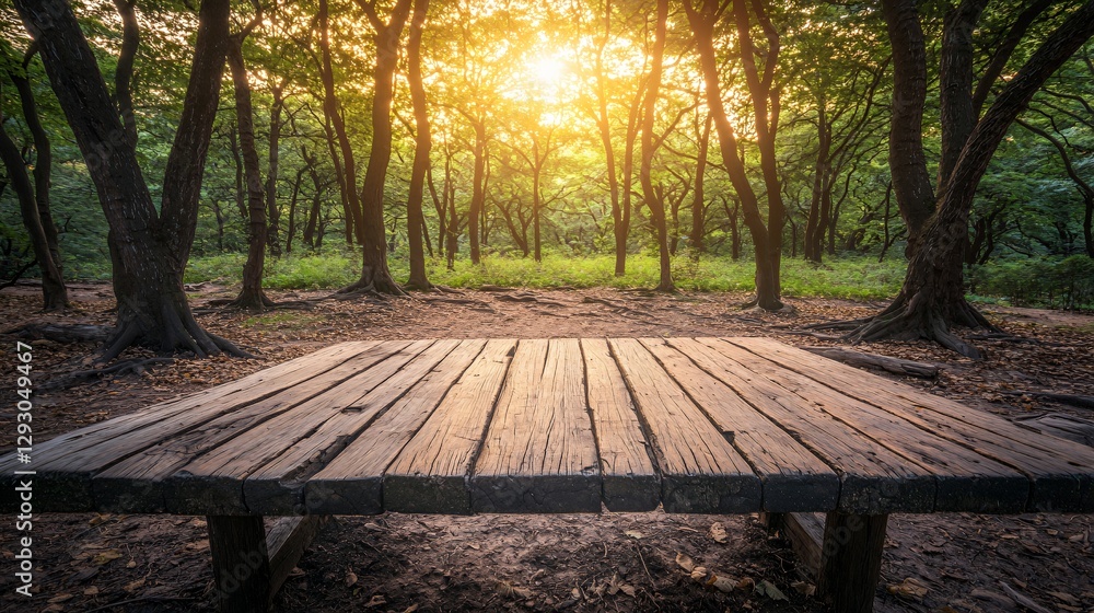 Wooden Platform in a Sunlit Forest at Sunset Wooden Platform in a Sunlit Forest at Sunset