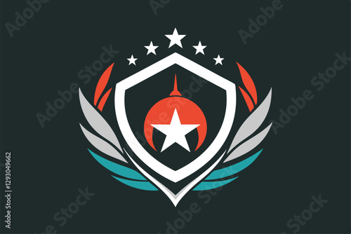 A modern emblem featuring a shield and stars, symbolizing a charityâ€™s mission of support and unity, Develop a sleek emblem for a charity providing aid to refugees and displaced populations