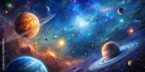Deep space galaxy scene with vibrant stars and planets against a dark blue canvas , planets, space,  planets