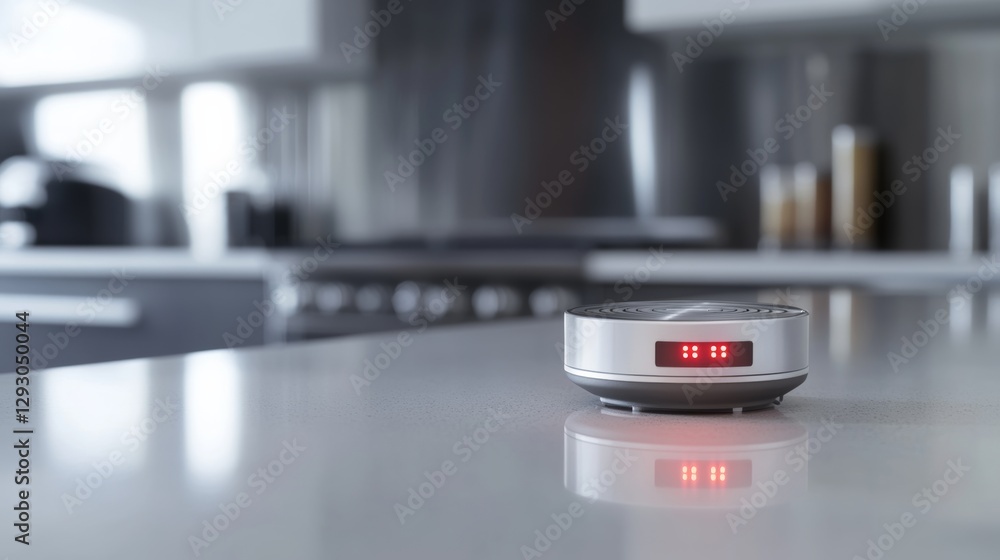 Carbon monoxide detector in a minimalist kitchen with stainless steel appliances. Featuring safety and alertness Carbon monoxide detector in a minimalist kitchen with stainless steel appliances. Featuring safety and alertness