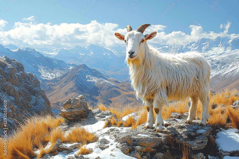 Fototapeta premium Alpine Majesty, A Mountain Goat's Regal Stance Against Snowy Peaks