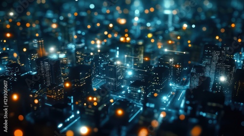 Wallpaper Mural Futuristic city skyline at night with glowing lights, network connections, and bokeh effects.. Torontodigital.ca