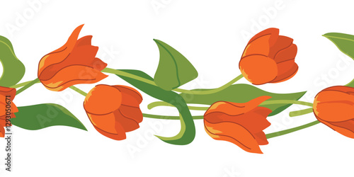 Beautiful seamless border of tulips isolated on white background. Red spring flowers, gift for Mother's Day, International Women's Day. Colorful vector illustration in flat style for wedding design.