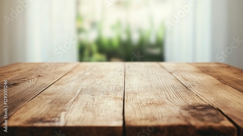 Minimalist wooden countertop or table surface with natural wood grain texture and bright airy kitchen interior featuring a lush garden view through sheer curtains