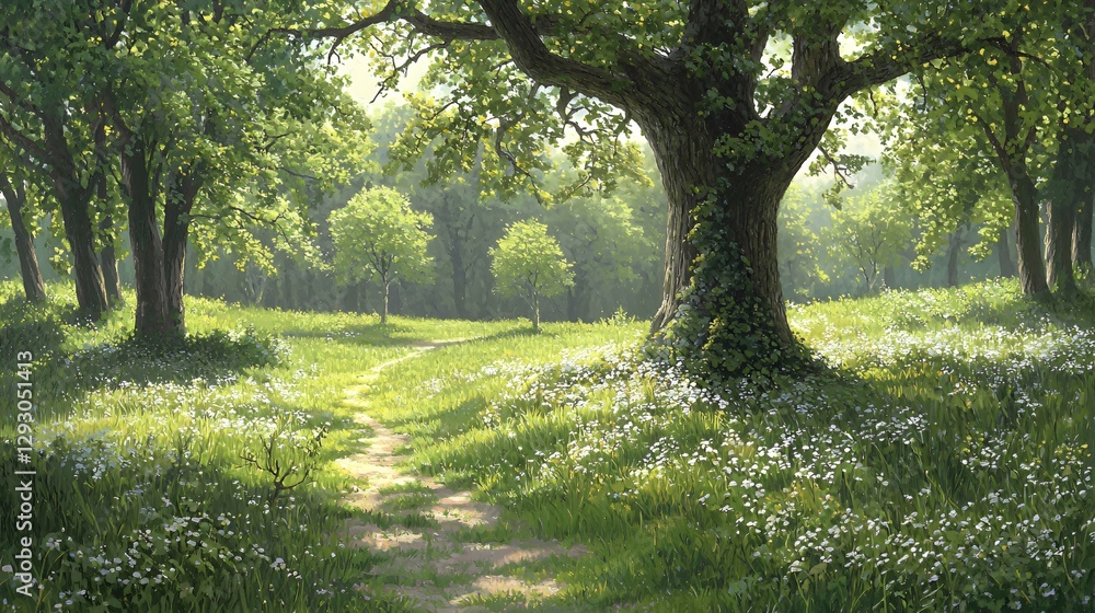 Sunlit Forest Path Through Wildflower Meadow Sunlit Forest Path Through Wildflower Meadow