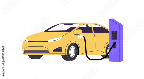 Electro automobile refuels accumulator with electricity on charging station. Electric car recharges on charger. Modern transport is on sustainable energy. Flat isolated vector illustration on white