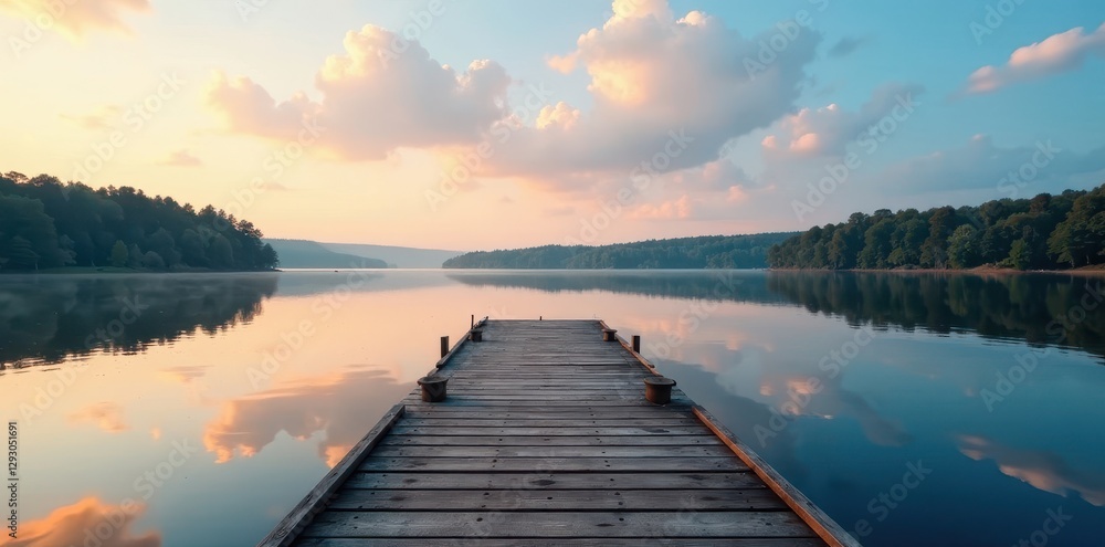 Naklejka premium Floating dock, still lake reflects Swedish sky, sweden, blue, texture