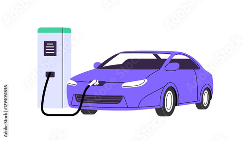 Electro car refuels with electricity. Electric automobile recharges with sustainable fuel, energy. Modern eco transport is on auto charger, charging station. Flat isolated vector illustration on white