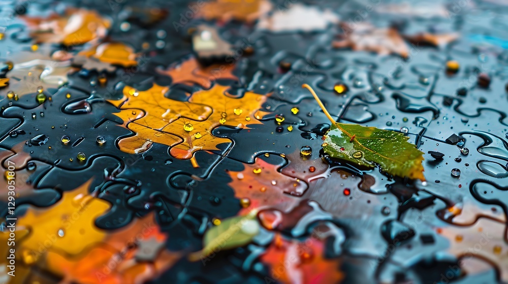 Autumn Leaves on Puzzle Pieces Surrounded by Water Droplets and Reflections Autumn Leaves on Puzzle Pieces Surrounded by Water Droplets and Reflections