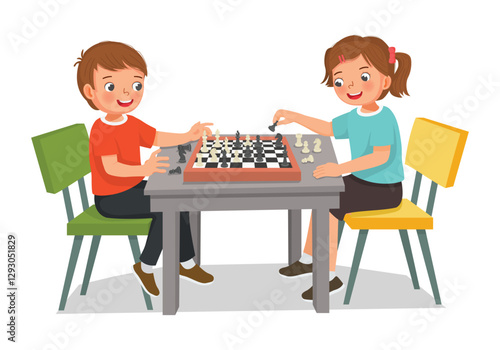 Cute little kids playing chess board game sitting on the table