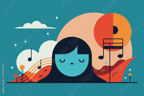 A calm character with a melancholic expression is surrounded by musical notes and abstract shapes, Express the emotion of a melancholic melody through minimalist art
