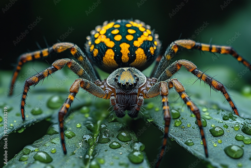 Fototapeta premium Jeweled Arachnid, A Spotted Spider's Dew-Kissed Domain