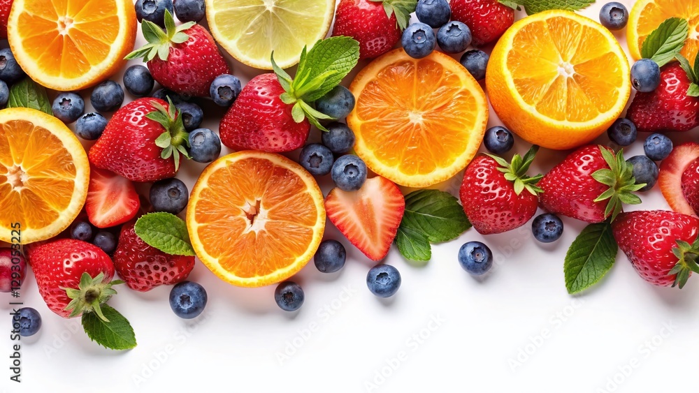 Fresh Fruit Banner Template: Vibrant Summer Fruits on White Background Fresh Fruit Banner Template: Vibrant Summer Fruits on White Background