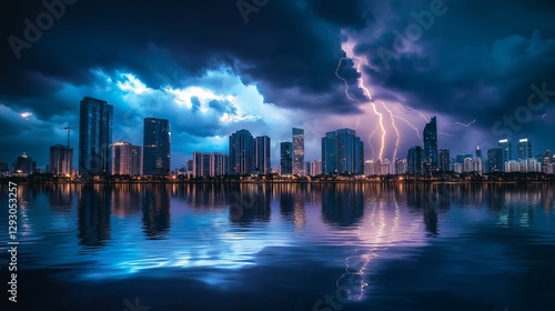 A city skyline reflecting a spectacular lightning storm
