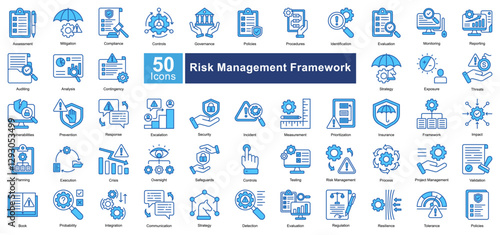 Risk Management Framework icon set in Blue Color style, featuring 50 icons of assessment, compliance, security, and governance. Ideal for corporate risk analysis, auditing, and policy enforcement.
