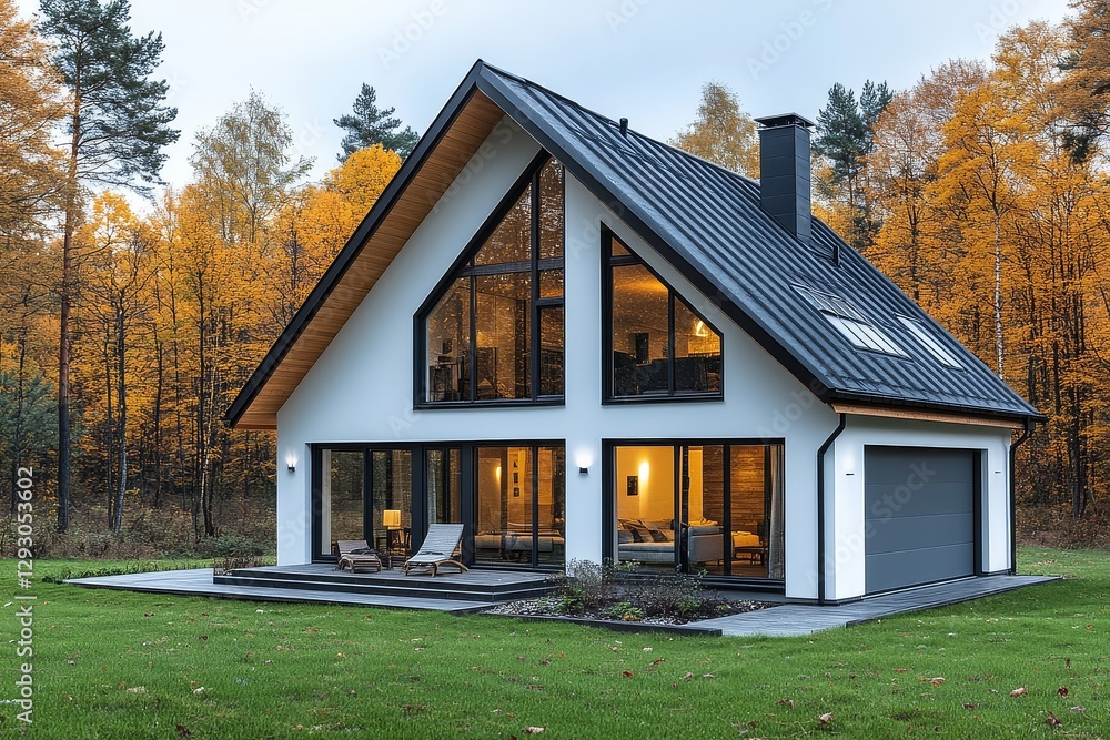 Obraz premium Modern Scandinavian house with white walls, black roof, green grass, and gray garage door, set against a forest and blue sky.