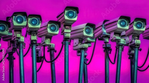 Surveillance System Multiple Security Cameras on Purple Background