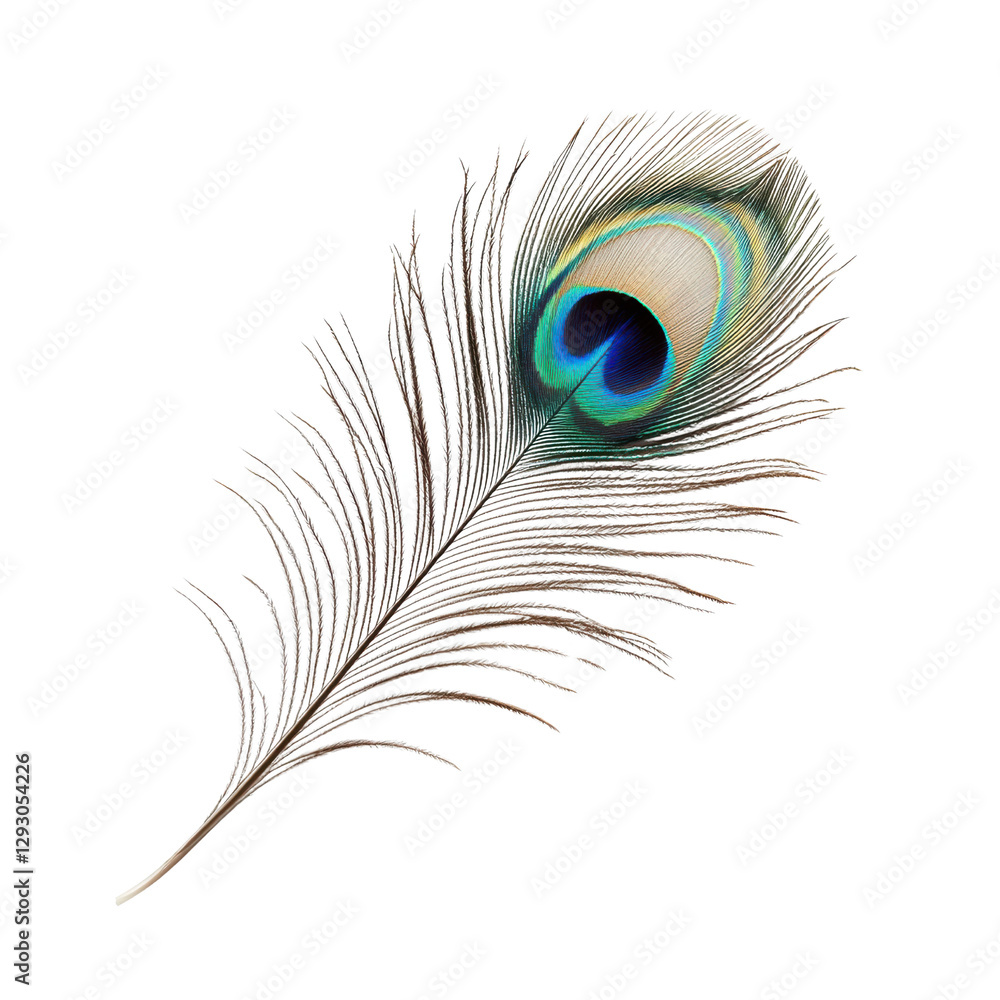 Obraz premium Single peacock feather closeup on Transparent background with studio lighting emphasizing texture and colors