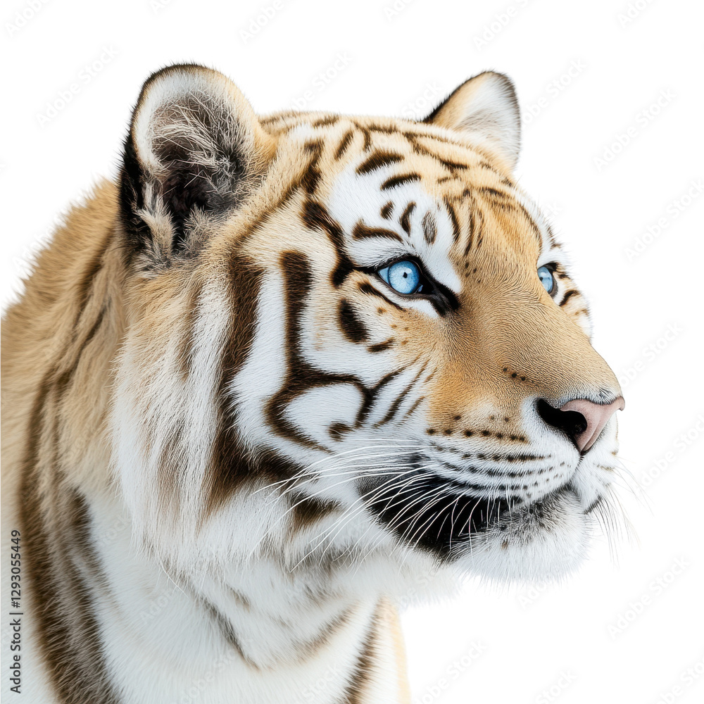 Siberian Tiger Face in Profile with Intense Lighting on White Siberian Tiger Face in Profile with Intense Lighting on White