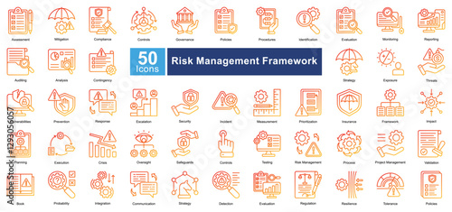 Risk Management Framework icon set in Line Gradient style, featuring 50 icons of assessment, compliance, security, and governance. Ideal for corporate risk analysis, auditing, and policy enforcement.
