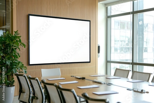Business-focused meeting room with a prominently blank TV screen.