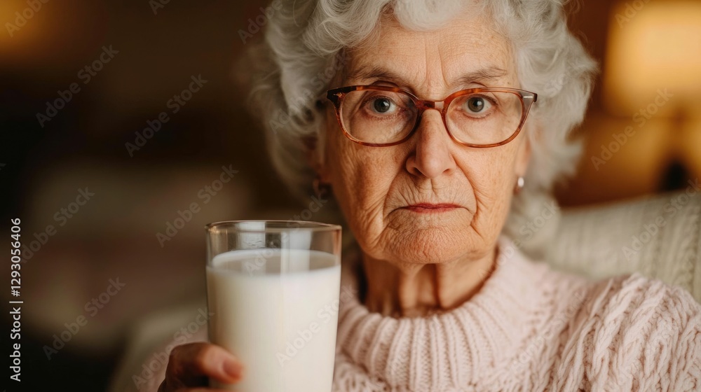 Elderly Woman Enjoying a Warm Glass of Milk Before Bedtime in Her Cozy Bedroom Promoting Restful Sleep and Bone Strength as Part of Her Nightly Routine Elderly Woman Enjoying a Warm Glass of Milk Before Bedtime in Her Cozy Bedroom Promoting Restful Sleep and Bone Strength as Part of Her Nightly Routine