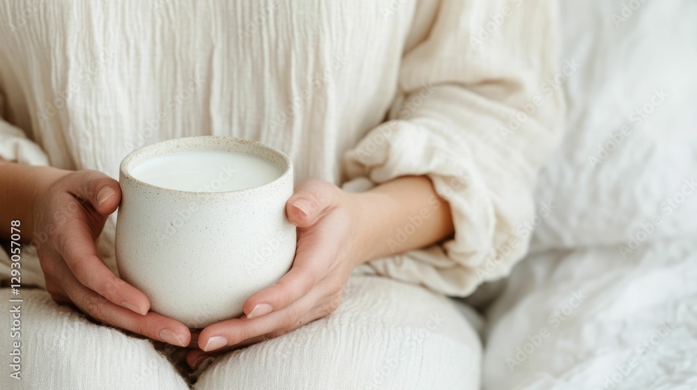 A serene and reflective moment as a woman sits in a quiet cozy bedroom holding a glass of milk in one hand and a book in the other A serene and reflective moment as a woman sits in a quiet cozy bedroom holding a glass of milk in one hand and a book in the other
