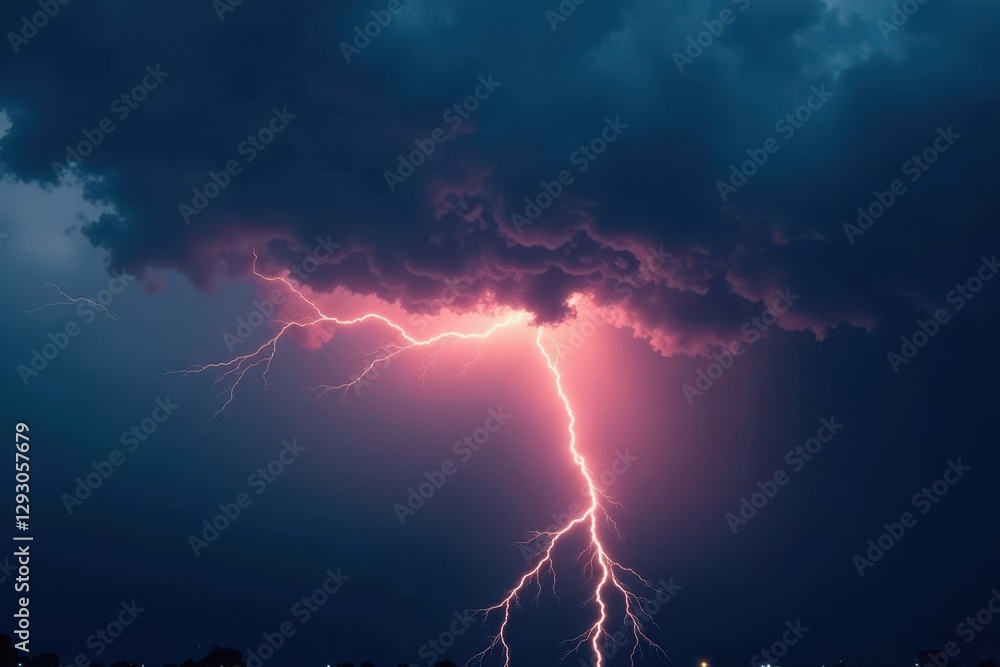 Obraz premium Dark clouds, jagged lightning illuminates rain, lightning, electrical storm, nature
