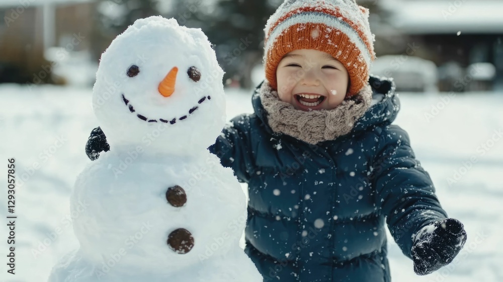 Happy family creating a snowman together in a snow covered backyard radiating joy and togetherness during the winter season Happy family creating a snowman together in a snow covered backyard radiating joy and togetherness during the winter season