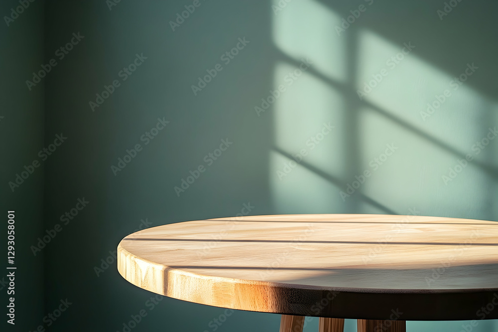 Minimalist interior scene featuring a round wooden table with window light Minimalist interior scene featuring a round wooden table with window light