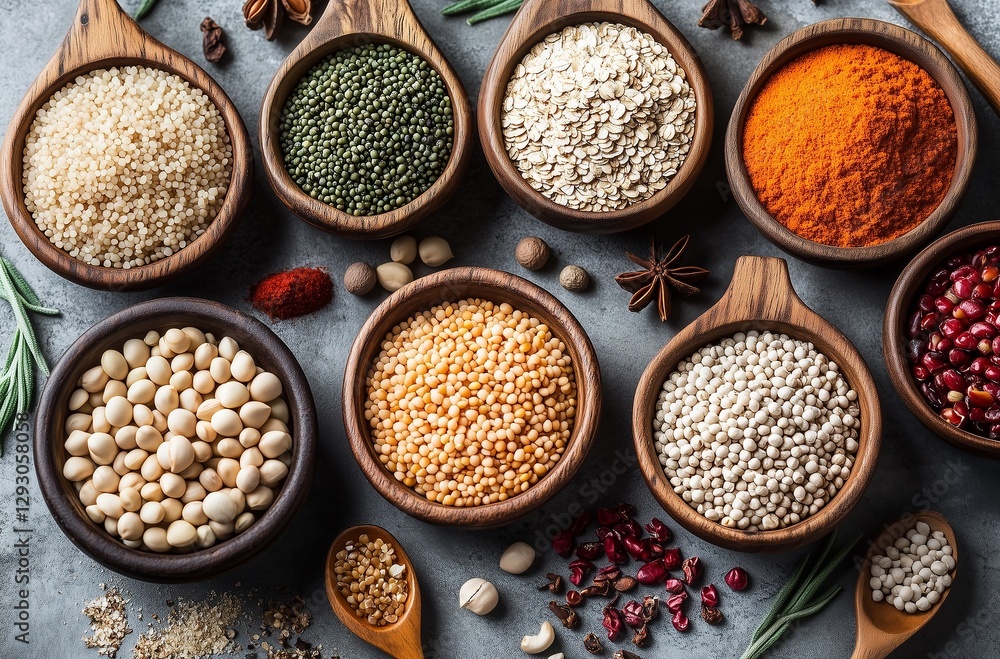 Collection of Various Grains Seeds and Spices in Wooden Bowls Collection of Various Grains Seeds and Spices in Wooden Bowls