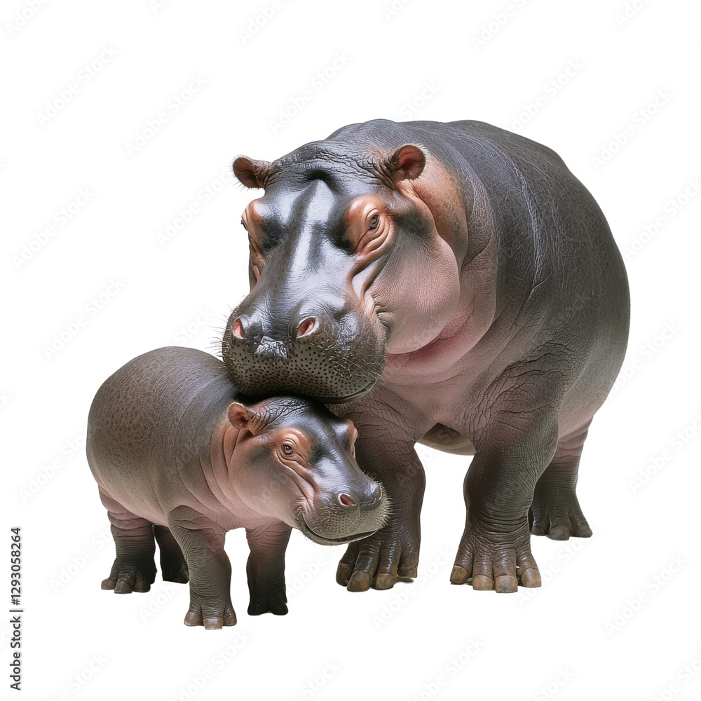 Fototapeta premium Parent and child hippos in gentle familial interaction artwork