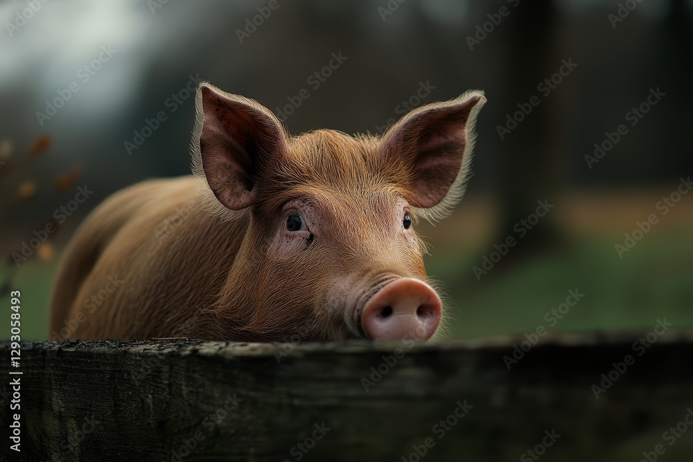 Fototapeta premium Curious pig peering over a wooden fence in a tranquil rural setting at dusk