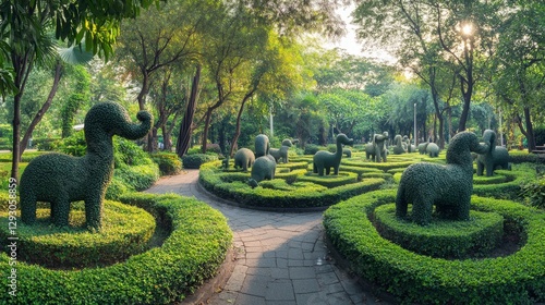 A panoramic view of a park filled with various animal sculptures made from trimmed bushes, including birds and elephants. The park features lush greenery, open spaces, and well-maintained walkways photo