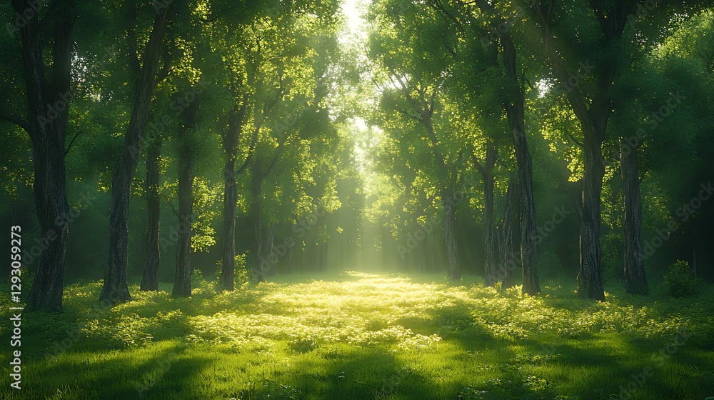 Sunlit forest path, morning mist, green trees, idyllic scene, nature background Sunlit forest path, morning mist, green trees, idyllic scene, nature background