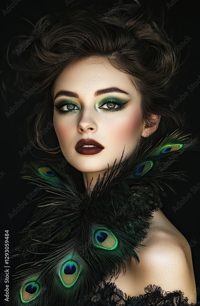 A portrait of an attractive woman with peacock feather-inspired makeup, looking directly at the camera A portrait of an attractive woman with peacock feather-inspired makeup, looking directly at the camera