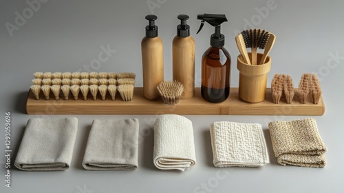 A set of eco-friendly cleaning tools, including bamboo brushes, reusable cloths, and biodegradable spray bottles, promoting sustainable cleaning photo