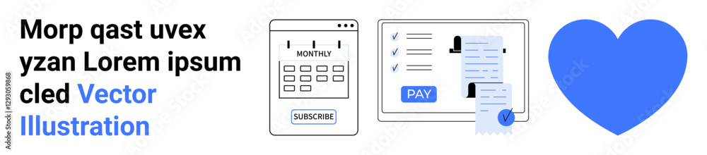 Calendar with subscription interface, document list with payment button, and large blue heart. Ideal for digital services, payment systems, subscriptions, financial management, user experience Calendar with subscription interface, document list with payment button, and large blue heart. Ideal for digital services, payment systems, subscriptions, financial management, user experience