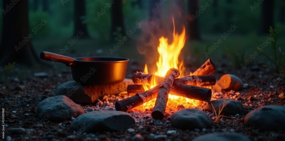 Campfire scene with glowing embers, firewood, and cast iron cookware, cooking, wood, firewood Campfire scene with glowing embers, firewood, and cast iron cookware, cooking, wood, firewood