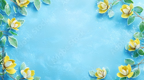 Yellow Magnolia Blossoms Frame on Light Blue Background