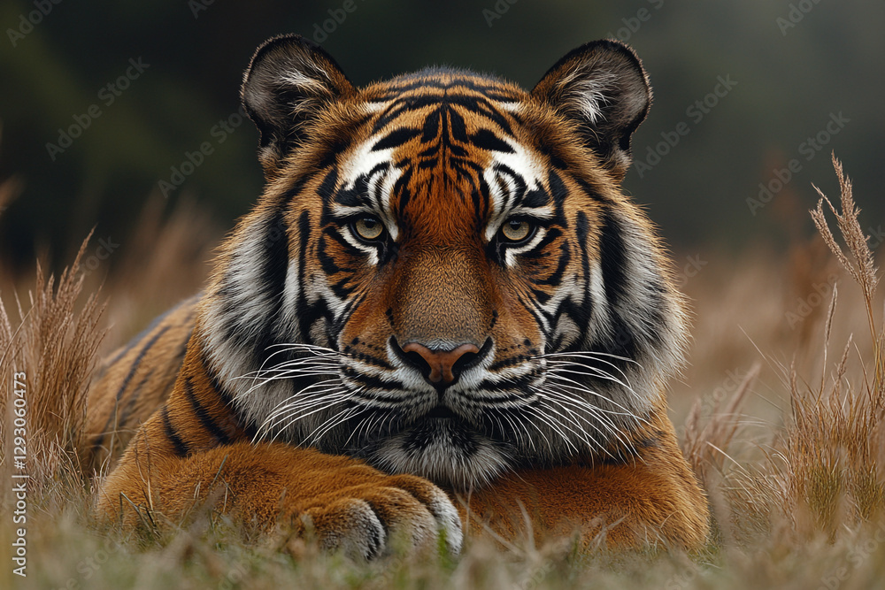 Obraz premium Intense gaze of a Sumatran tiger amidst golden grasses, captivating portrait