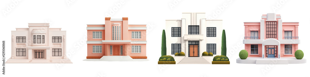 Fototapeta premium Collection of Elegant and Inviting Residential Architectural Designs Featuring Diverse Facades Roofing Windows Doors and Landscaping Elements Such as Trees Plants