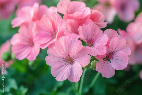 Delicate pink geranium flowers blooming in garden