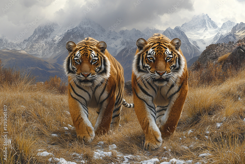 Obraz premium Siberian Majesty, Two Tigers Traverse a Snowy Mountain Valley