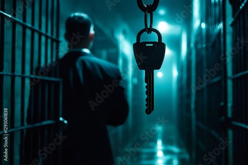 Businessman leaving jail after being released, holding key in foreground photo