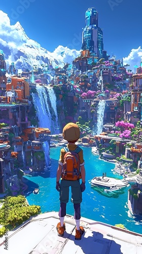 Young Hiker Gazes at Vibrant Fantasy Cityscape with Waterfalls