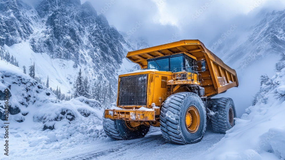 Heavy-Duty Yellow Dump Truck Navigating Snowy Mountain Terrain During Winter Conditions Heavy-Duty Yellow Dump Truck Navigating Snowy Mountain Terrain During Winter Conditions